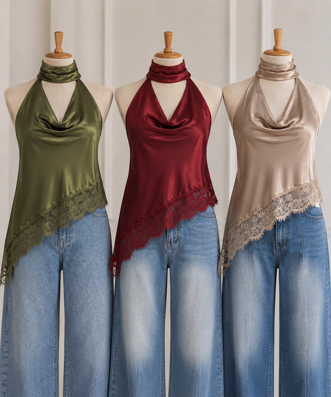 Blusa Halter Satinada con Encaje