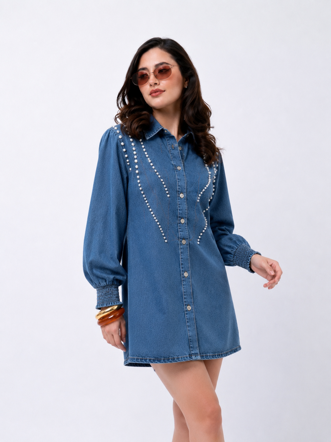 Vestido Camisero Denim con Perlas