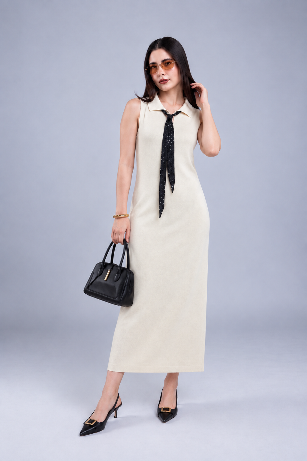 Vestido Maxi con Cuello y Corbatín