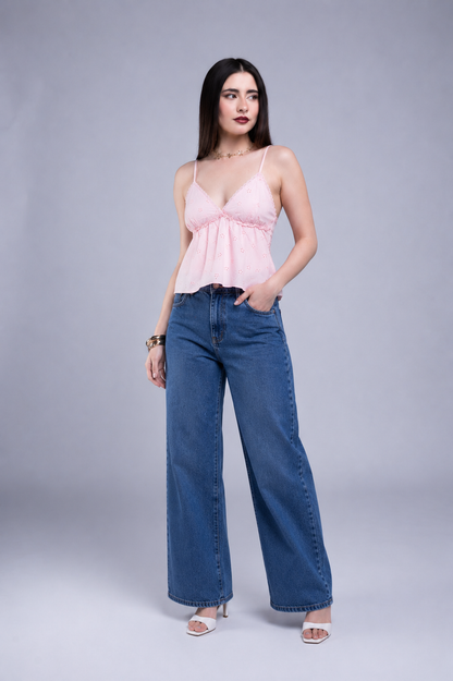 Blusa de Tirantes con Encaje y Bordado Floral