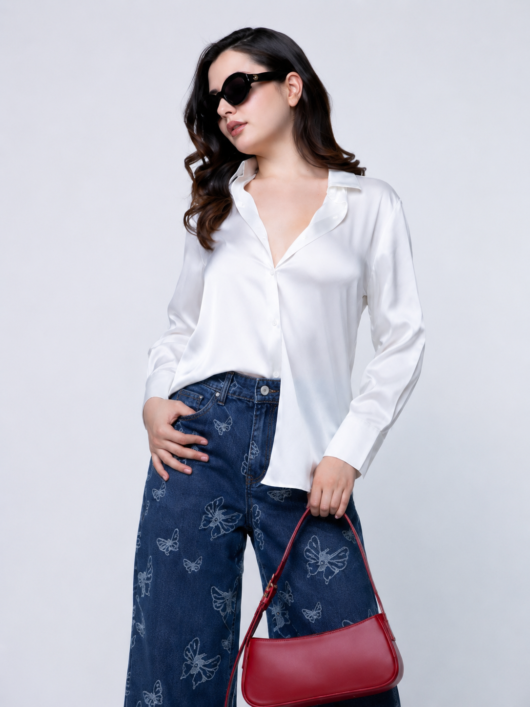 Jeans Wide Leg con Estampado de Mariposas