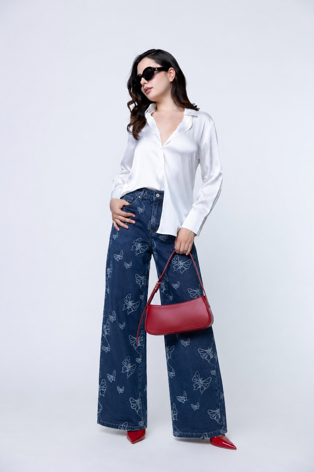 Jeans Wide Leg con Estampado de Mariposas