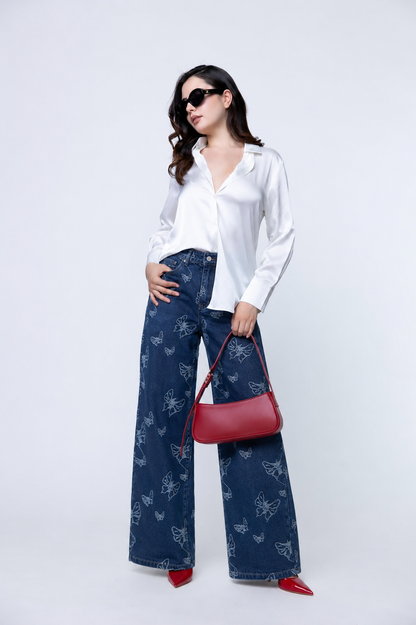 Jeans Wide Leg con Estampado de Mariposas