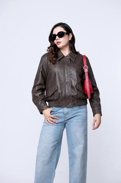 Chamarra Bomber Efecto Piel