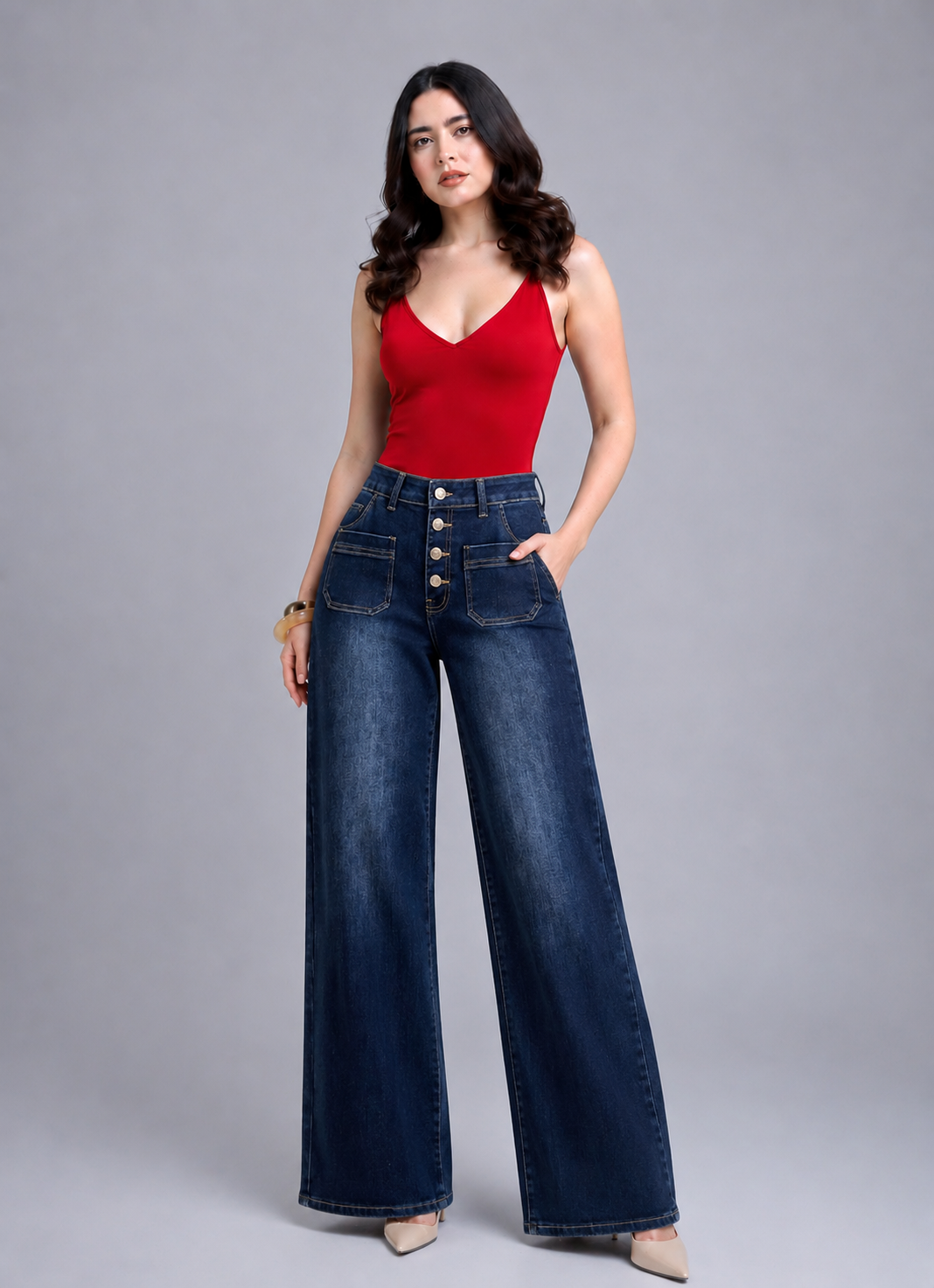 Jeans Wide Leg Cintura Alta con Botonadura