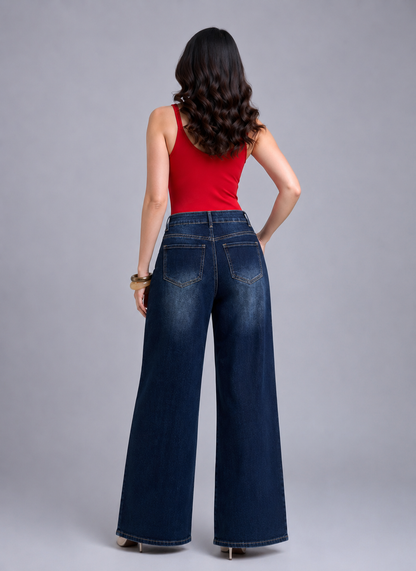 Jeans Wide Leg Cintura Alta con Botonadura