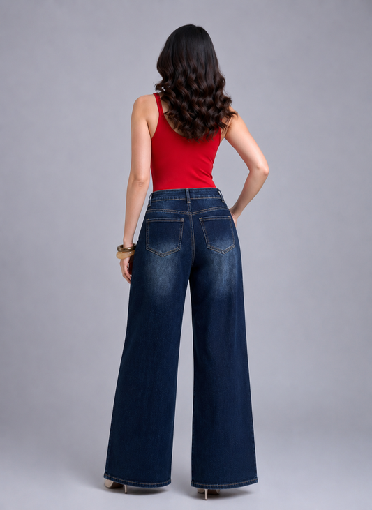 Jeans Wide Leg Cintura Alta con Botonadura