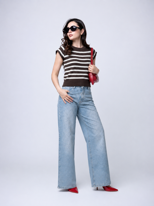Blusa Tejida de Rayas Café y Crema