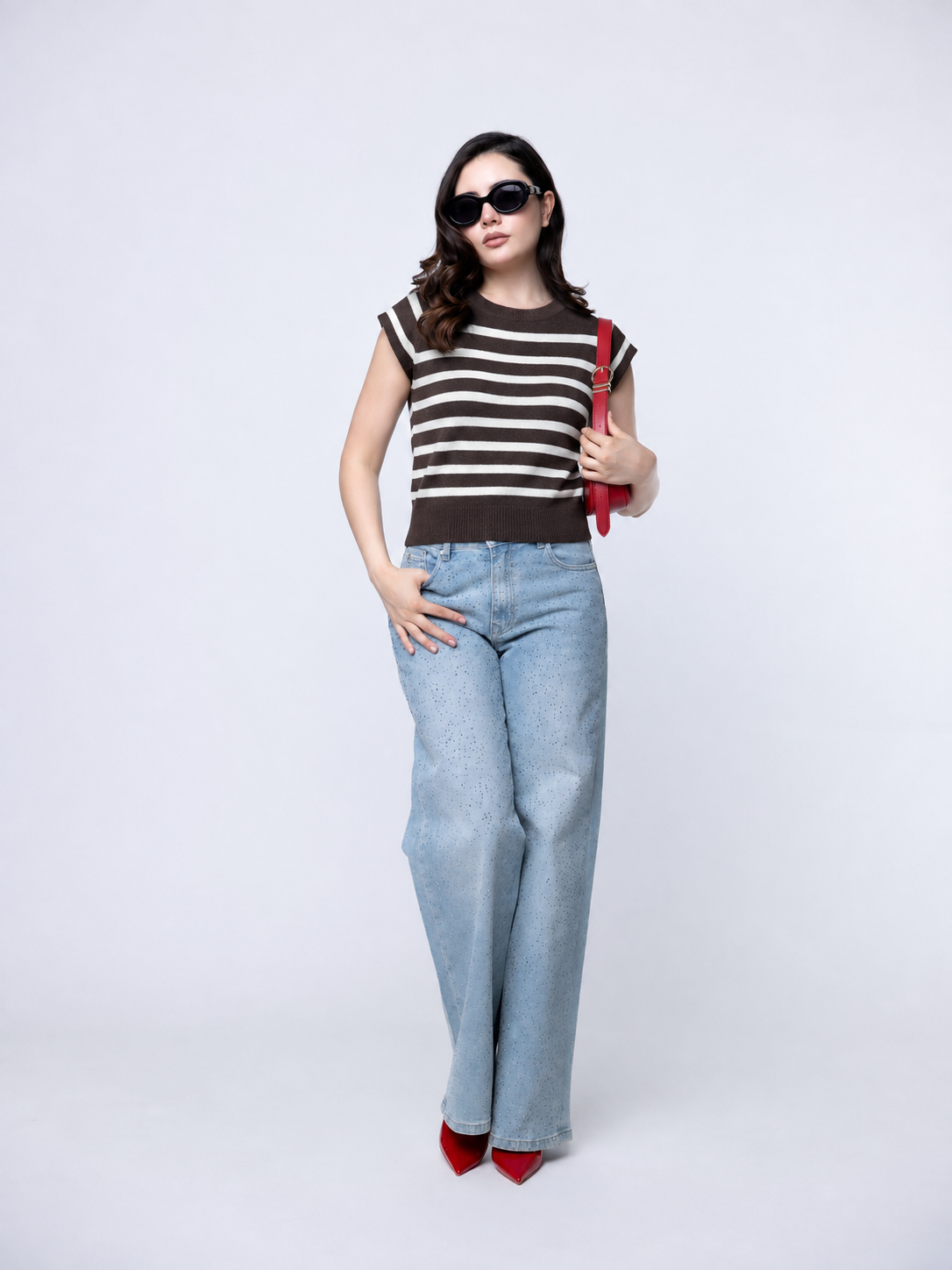 Blusa Tejida de Rayas Café y Crema