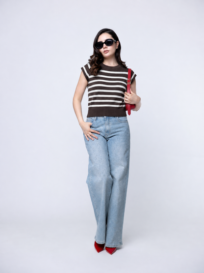 Blusa Tejida de Rayas Café y Crema