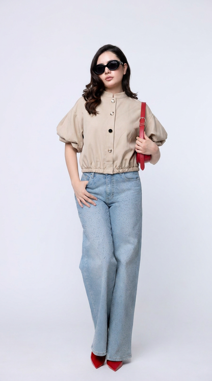 Blusa Cropped con Mangas Abullonadas