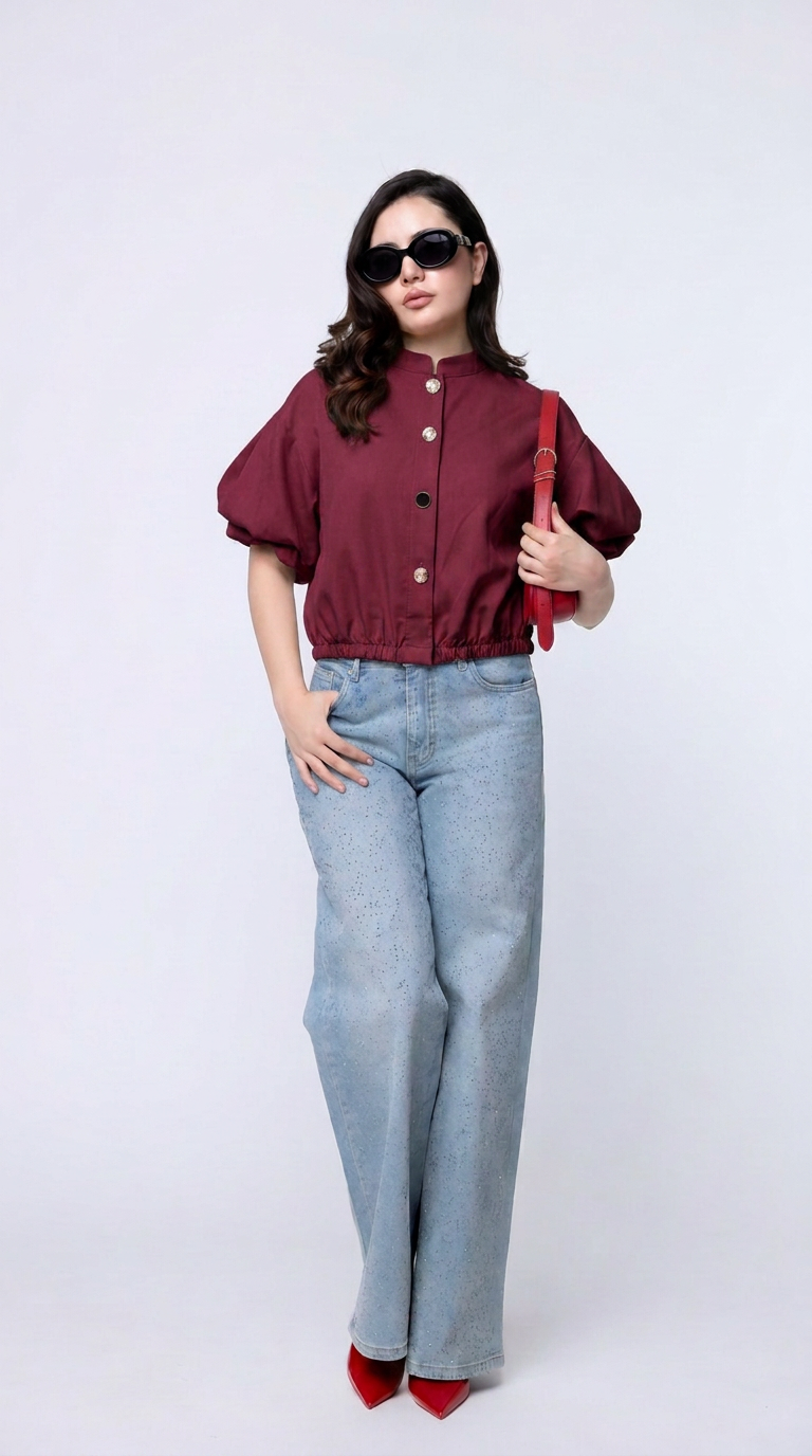 Blusa Cropped con Mangas Abullonadas