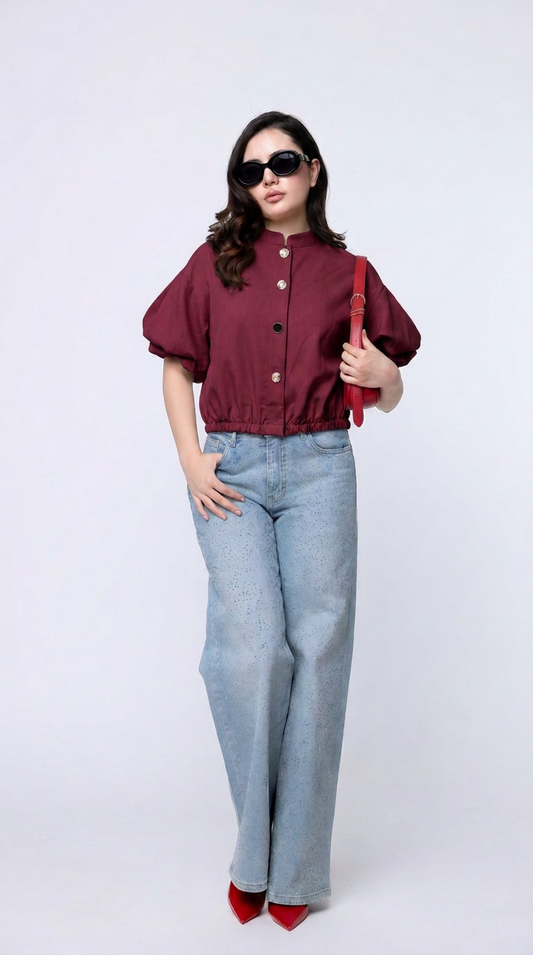 Blusa Cropped con Mangas Abullonadas