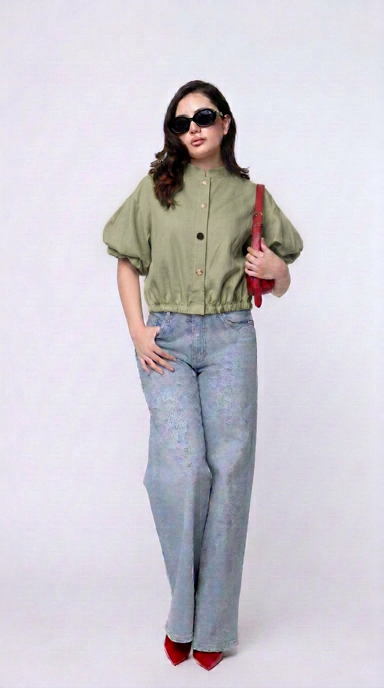 Blusa Cropped con Mangas Abullonadas