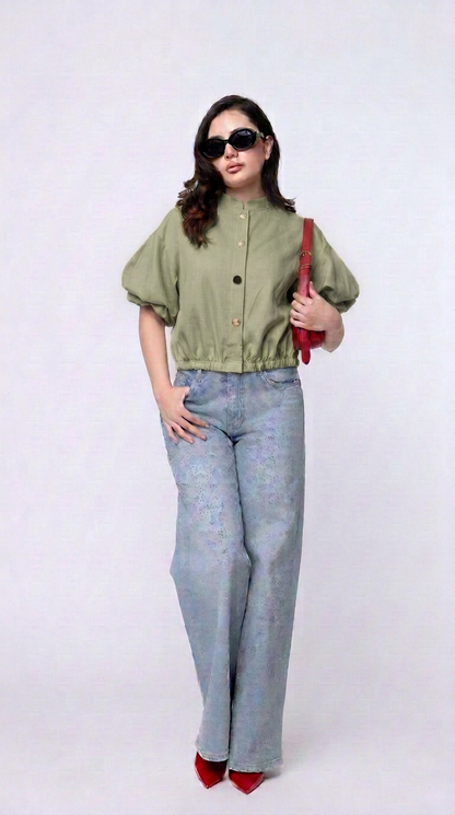 Blusa Cropped con Mangas Abullonadas