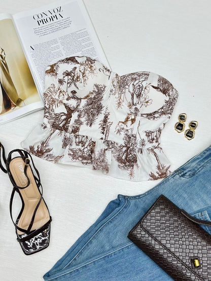 Blusa Corset Strapless Estampado de Hojas