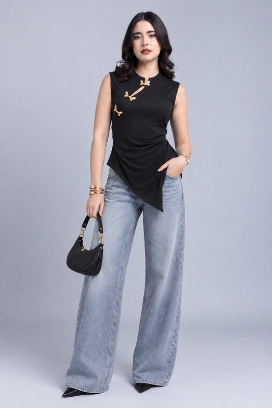 Blusa Asimétrica Tokyo con Detalles Dorados