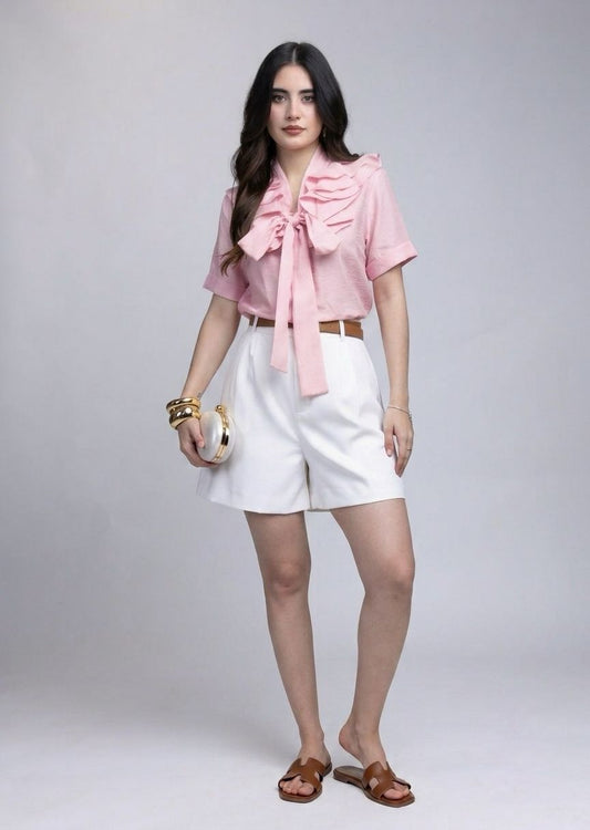 Short Sleeve Blouse with Ruffles and Bow