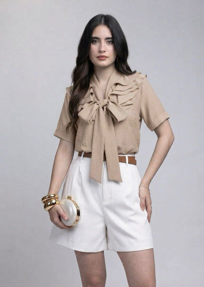 Blusa Manga Corta con Olanes y Moño