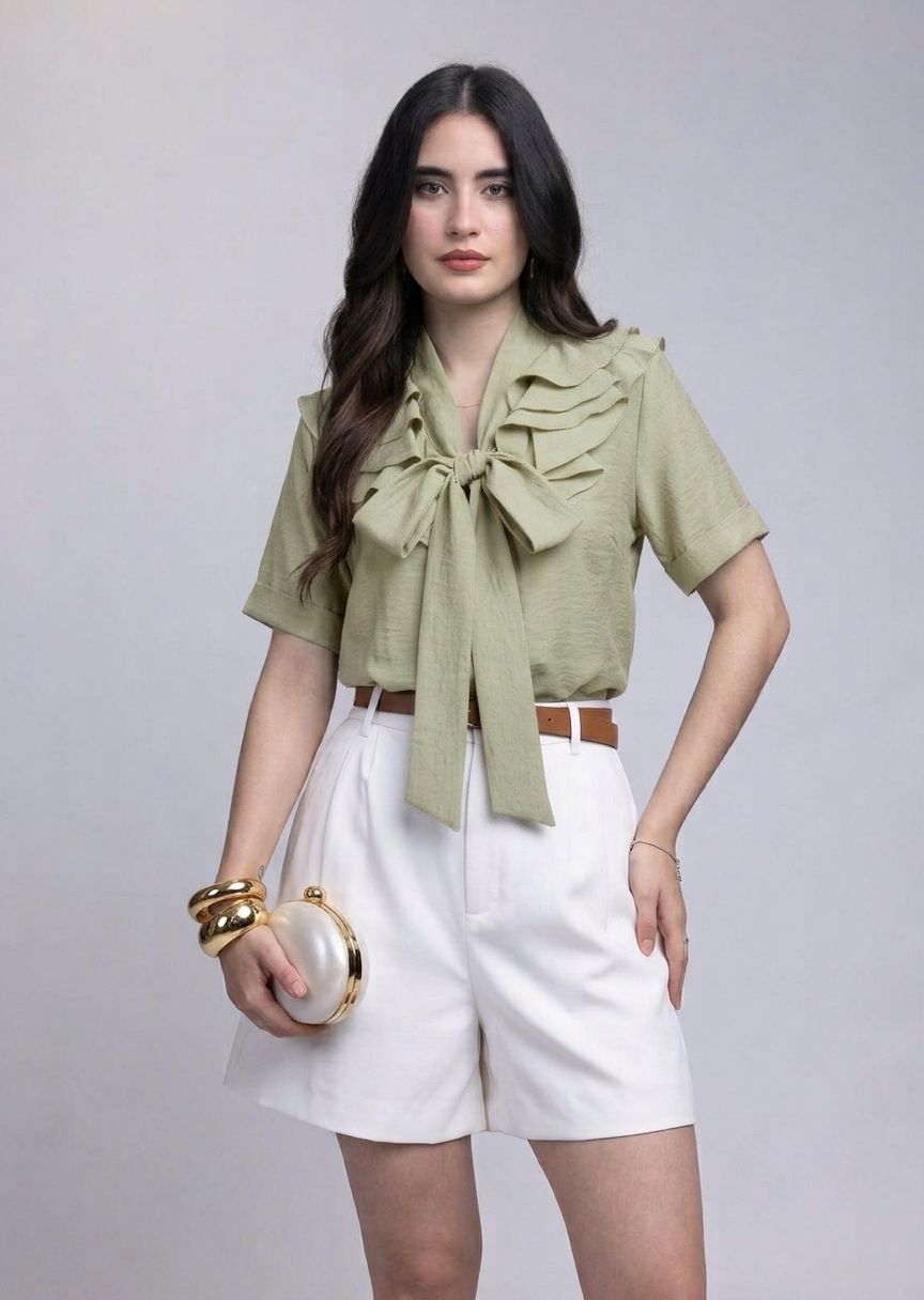 Blusa Manga Corta con Olanes y Moño