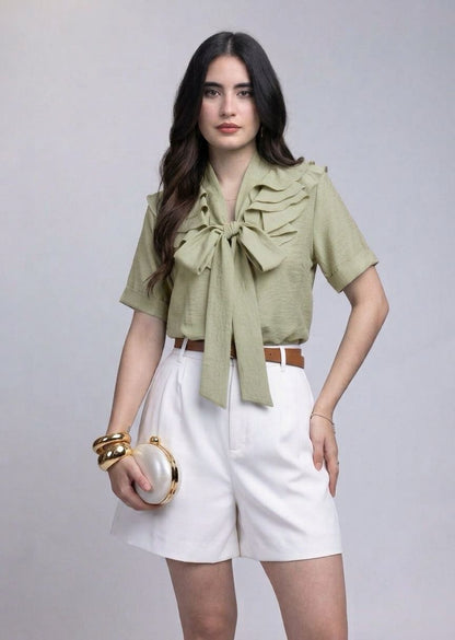 Blusa Manga Corta con Olanes y Moño