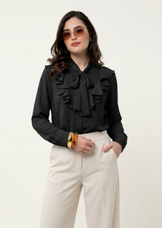 Long Sleeve Blouse with Ruffles and Bow