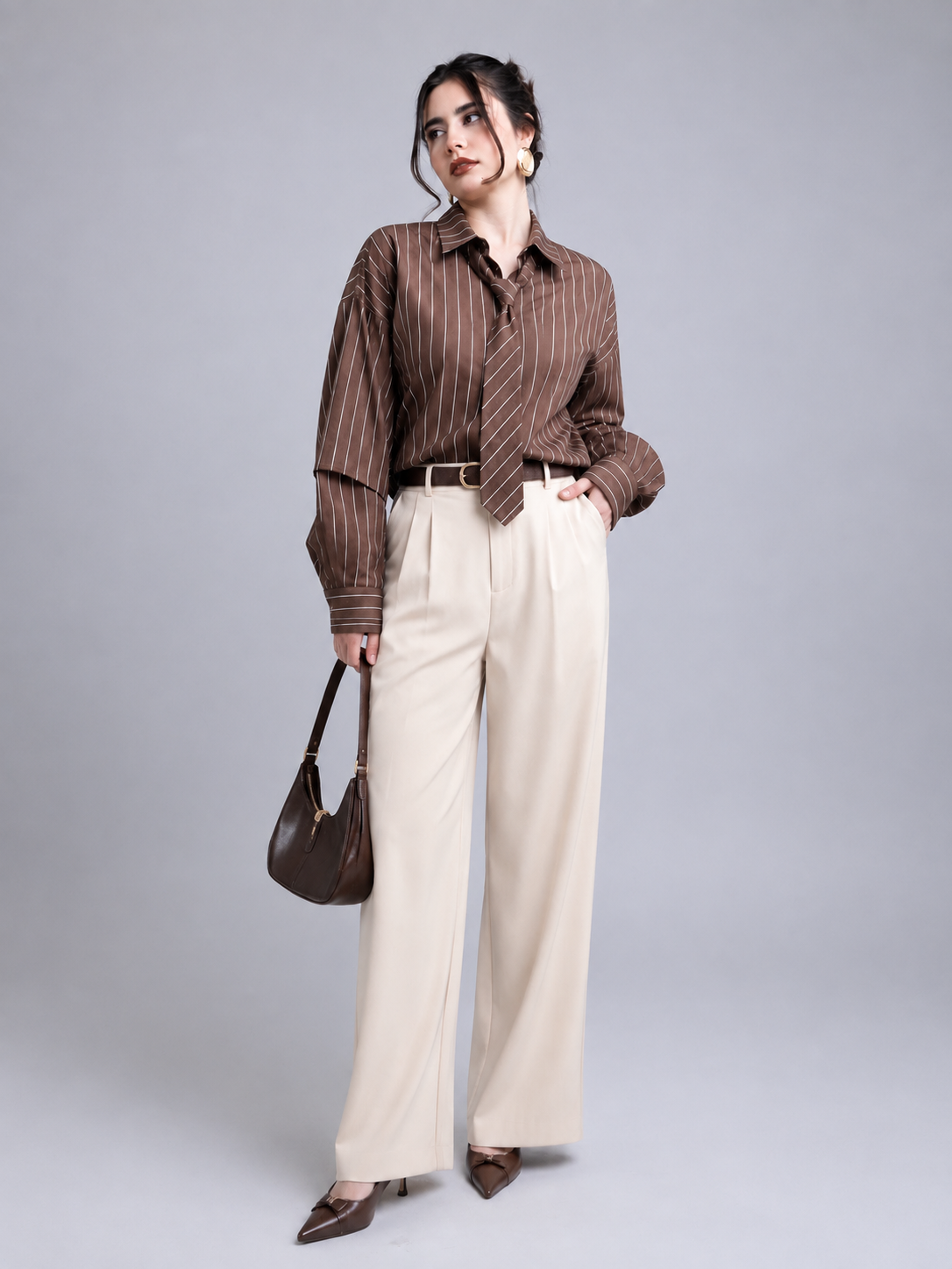 Camisa Rayada con Corbata y Mangas Abultadas