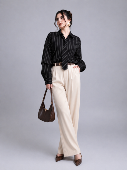 Camisa Rayada con Corbata y Mangas Abultadas