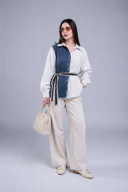 Camisa Combinada Denim y Rayas