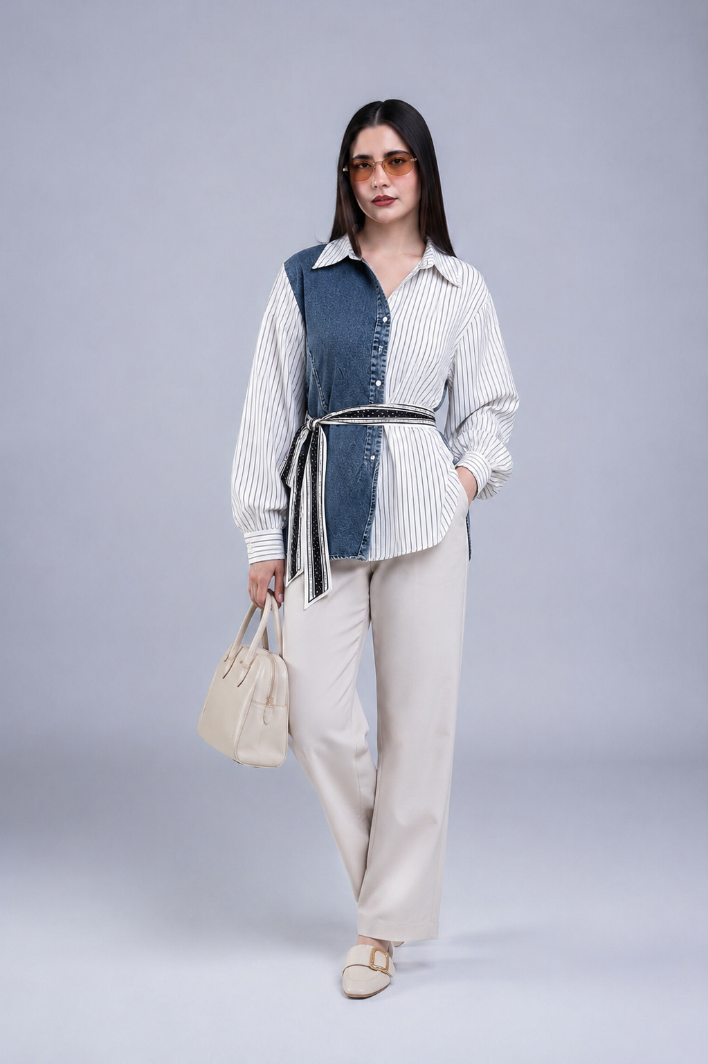 Camisa Combinada Denim y Rayas