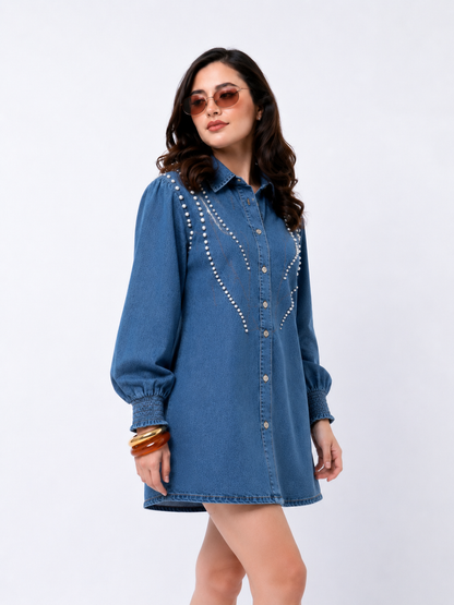 Vestido Camisero Denim con Perlas