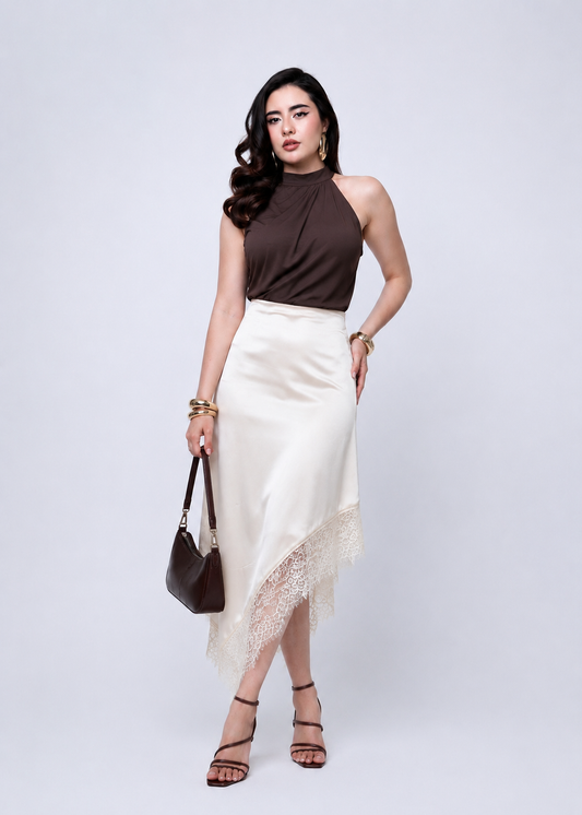 Falda Midi Satinada con Encaje