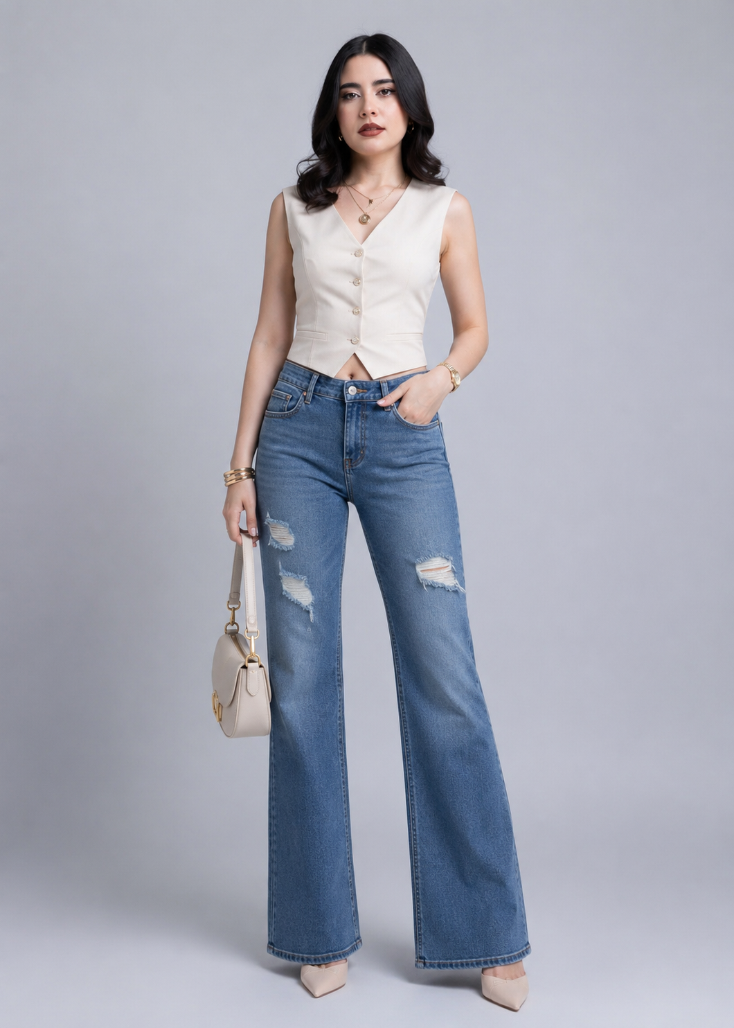 Jeans Wide Leg con Detalle Rasgado