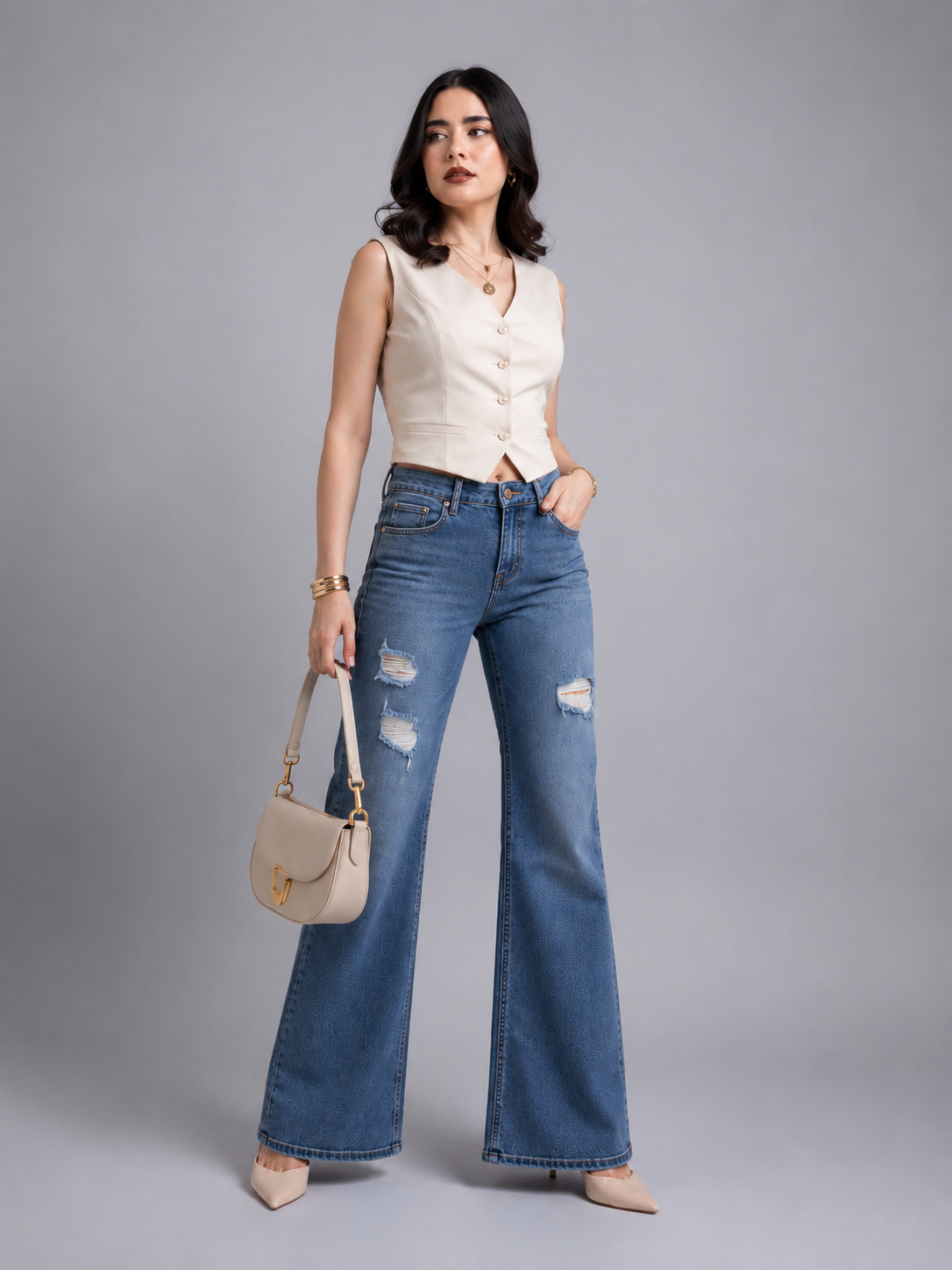 Jeans Wide Leg con Detalle Rasgado