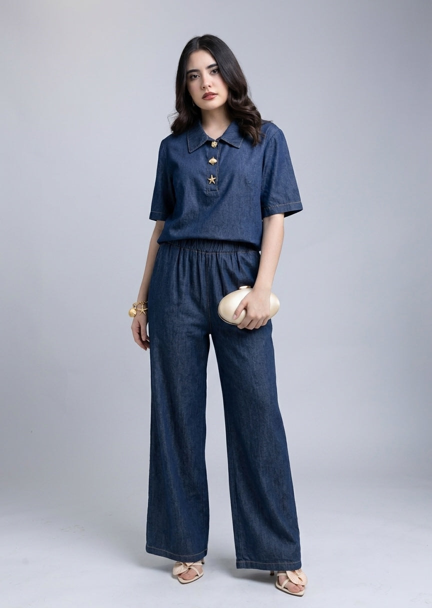 Set Denim Blusa con Cuello