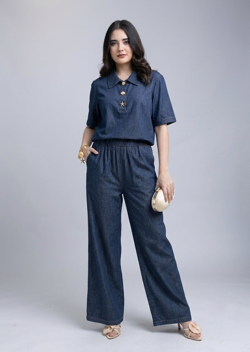 Set Denim Blusa con Cuello