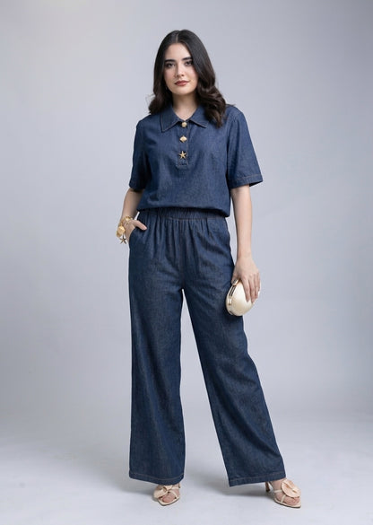 Set Denim Blusa con Cuello