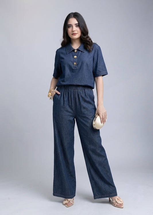 Set Denim Blusa con Cuello