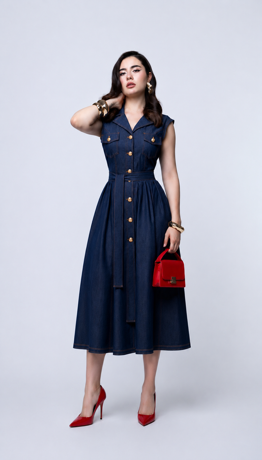 Vestido Denim con Botones y Manga Corta