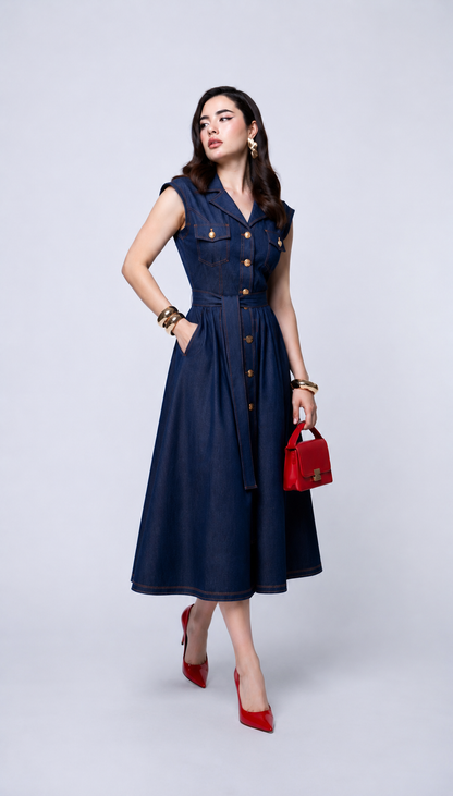 Vestido Denim con Botones y Manga Corta
